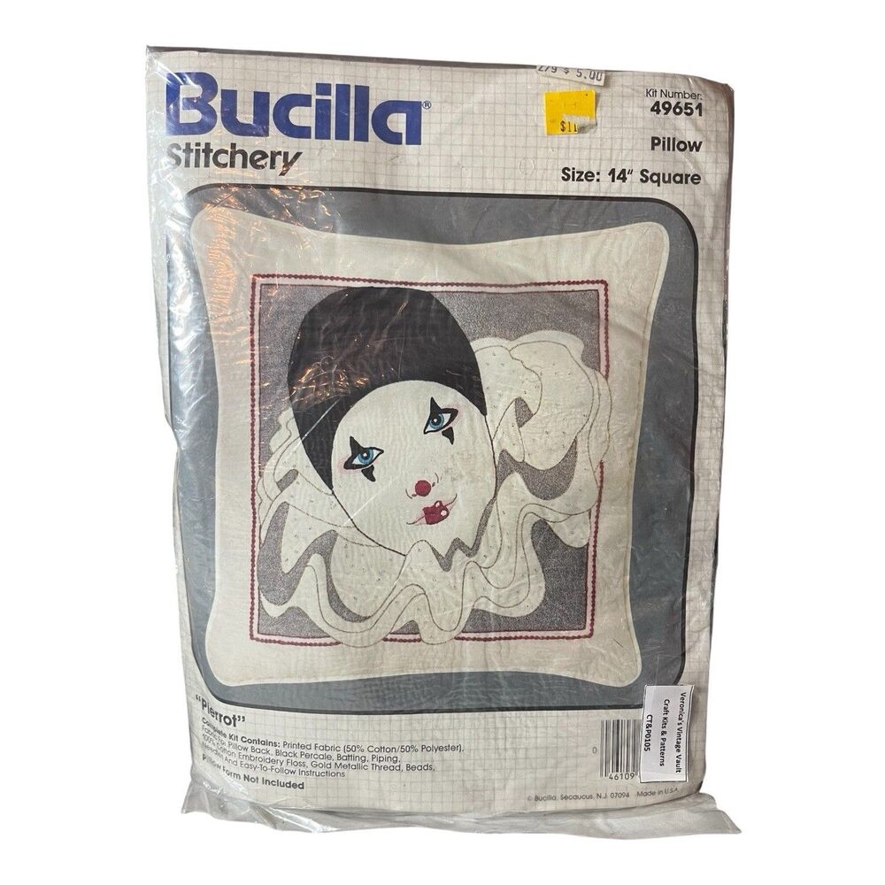 New Bucilla Stitchery Kit Pierrot Clown Pillow 14" Square 49651 Open Package